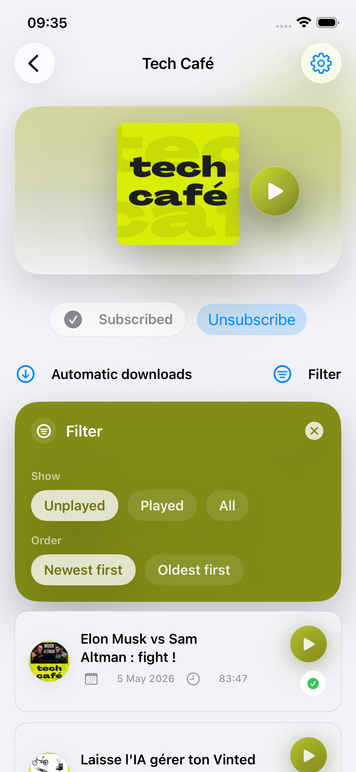 Détail d'un podcast avec filtres d'épisodes dans BaitoCast